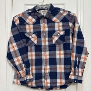Urban Pipeline Mens XXL Plaid Western Snap Shirt Navy Blue Orange Pearl Snap XXL